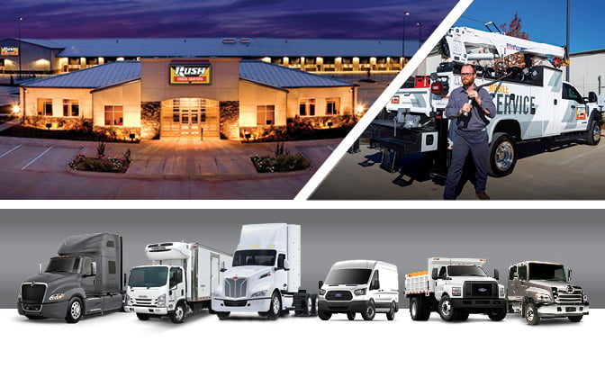 Collage of Rush Truck Centers dealership, trucks and technician